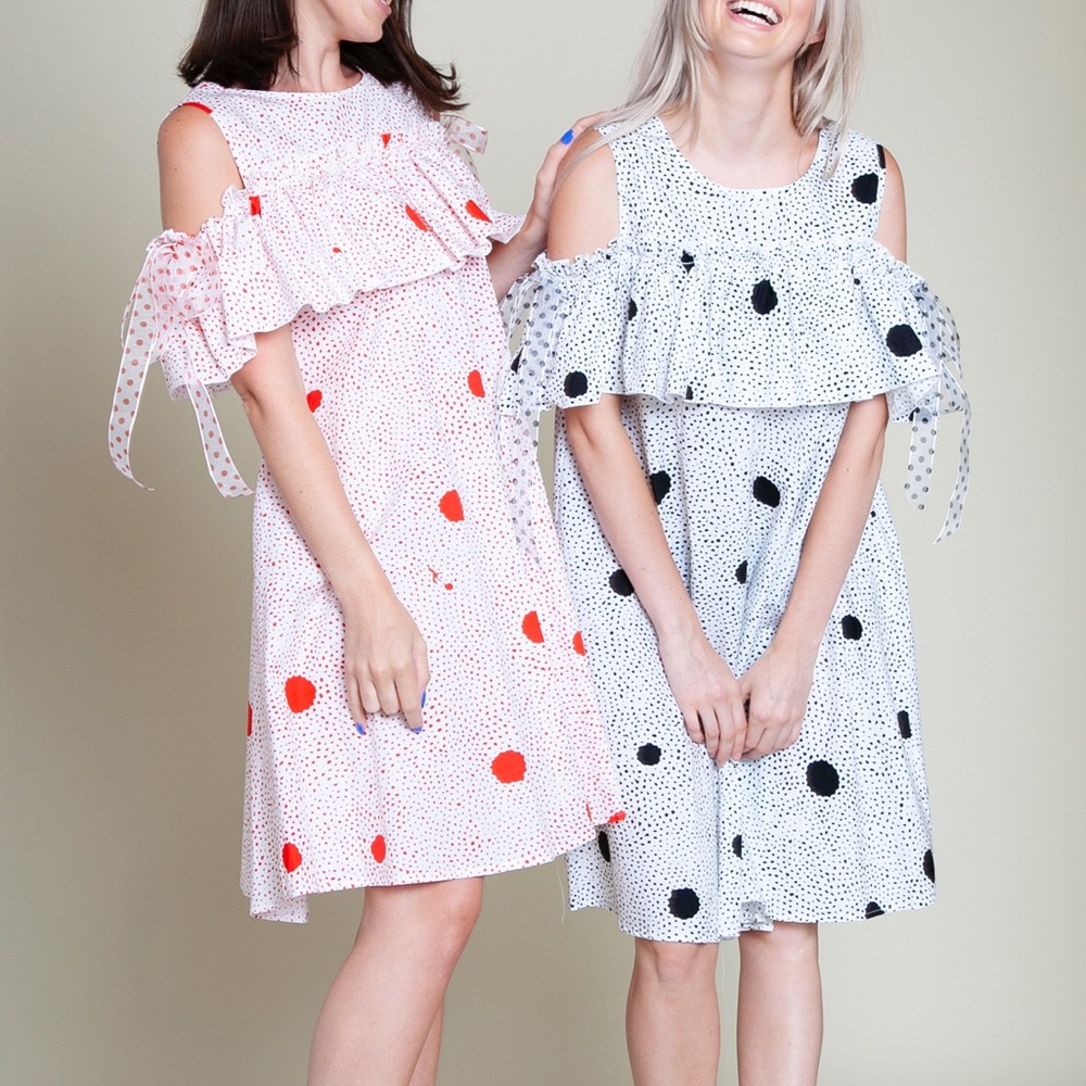 Patrizia LUCA polka dot cold shoulder dress.